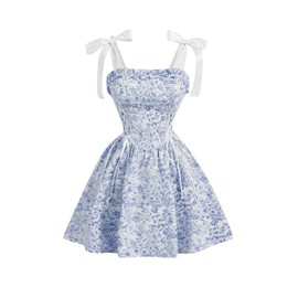 Milumia Women's Floral Tie Shoulder Cami Dress Lace Up Side Vintage Flared Short Dresses Mluti Blue and White Small
