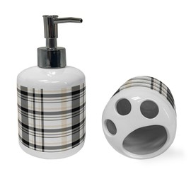 Ambesonne Beige Tan Soap Dispenser & Toothbrush Holder Set, Plaid Checkered Pattern Cultural Squares Stripes Orderly Repeated Art, Ceramic Bathroom Toiletry Accessories, 2 Pcs, Dark Grey Pale Mustard