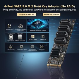 Binardat M.2 to SATA Card 4 Port, 6Gbps SATA 3.0 Controller, Includes 4 SATA Cables, for Windows 10/11
