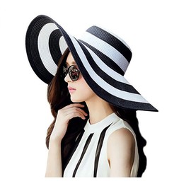 1Pcs Women Wide Brim Straw Hat Foldable Beach Floppy Sun Hat Black White Stripe