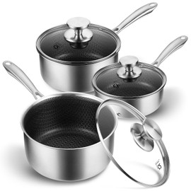 KOCH SYSTEME CS Stainless Steel Saucepan Set, 6-Piece Triply Stainless Steel Saucepan Set with Nonstick Hybrid Honeycomb Interior, 1 QT & 2 QT & 3 QT Sauce Pans, Induction Steel Pot Set