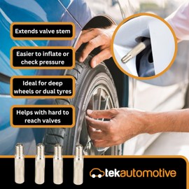 Tek Automotive 4PC Tyre Valve Extenders – Ideal for Deep Wheels & Dual Tyres, Schrader Valve Extension, Easy Pressure Checks, Durable Chrome-Plated Tyre Valve Caps, Universal Fit for Cars, Trucks
