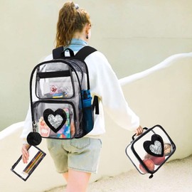 KLFVB 3PC Clear Backpack Heavy Duty, Girls Transparent Bookbag Set, See Through Sequins School Bag for Women - Black