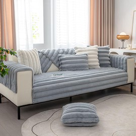 vctops 3D Striped Faux Fur Couch Cover Thick Warm Soft Sofa Cover Non Slip Fuzzy Plush Furry Sofa Slipcovers Shaggy Cozy Washable Furniture Protector for Pets, Kids (Greyish Blue,36"x70")
