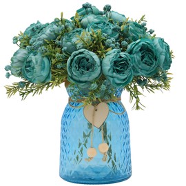 Leayiuvan Faux Flowers with Vase,21 Blue Silk Peonies Fake Flower with Vase,Elegant Artificial Flower Arrangement for Table,Ideal for Home Office,Living Room, Dining Table Centerpiece Decorations