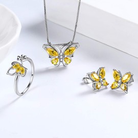 Aurora Tears Butterfly Jewelry Set,925 Sterling Silver Butterflies November-Citrine Birthstone Pendant Necklace/Earrings/Rings for Wedding Gif