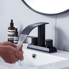 Black Waterfall Bathroom Faucet, 4 Inch 2 or 3 Holes Centerset Two Handles Matte Black Stainless Steel Bathroom Sink Faucet, Basin Lavatory Mixer Tap for Vanity Sink with Pop-up Drain & Supply Hoses