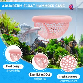 VOXGET Aquarium Floating Betta Fish Hammock Cave, 3D Printed Betta Shrimp Feeder & Hideout Cave Toys, Small Aquarium Feeding Ring Decor, Turtle Fish Tank Decorations Accessories (Pink,S)