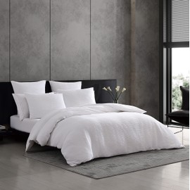 Vera Wang - Queen Duvet Cover Set, Luxury Cotton Bedding with Button Closure, Includes Matching Shams (Textured Pleats White, Queen)
