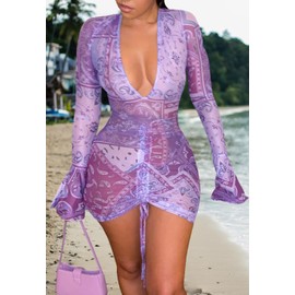 Women's Sheer Mesh Cover Ups Long Sleeve Bodycon Ruched Beach Dress for Swimwear