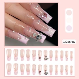 Long Press on Nails Square Fake Nails Coffin with Nude Pink 3D Rhinestone Pearls Designs French Tip False Nails Full Cover Glue on Nails Glossy Acrylic Thick Stick on Nails for Women Girls 24Pcs CZ255-B7