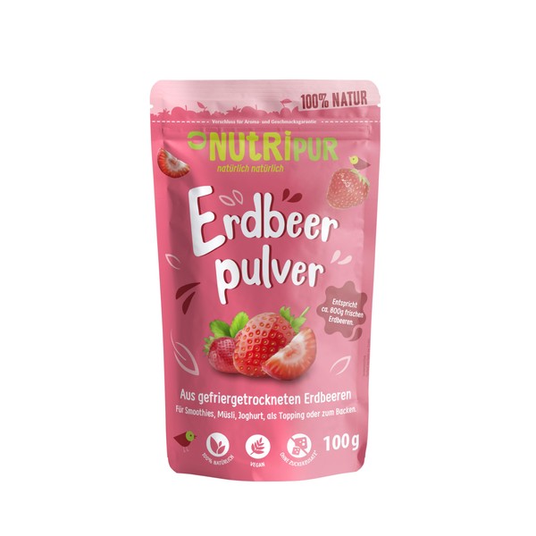 NUTRIPUR Erdbeer Fruchtpulver: 100g Erdbeeren gefriergetrocknet und fein gemahlen C