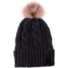 Ladies Warm Knitted Bobble Hat with Thermal Fleece Lining, Faux Fur Pompom, Super Soft Beanie - Black