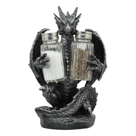 Ebros"Blackened Spice" Medieval Gothic Dragon Salt And Pepper Shakers Set Holder Statue 7.75"Tall Legend Of The Swords Fantasy Scorch Fire Dragon Figurine
