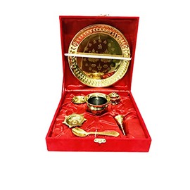 Kunal Gold Plated Pooja thali Set Wedding Gift Pooja Plate Set (Bell, Lota, Jyot) Occasional Gift Puja Thali for Diwali Aarti karwa chauth, Raksha Bandhan with Red Velvet Box thali - 8.5 inch