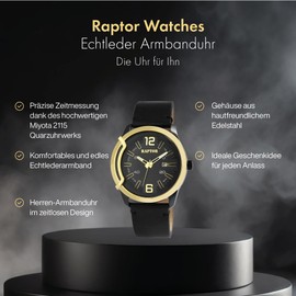 Raptor Davian Men's Watch Leather Date Luminous Hands Analogue Quartz RA20355, Black Gold, Strap.