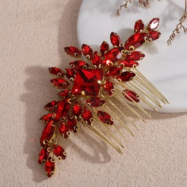 Rumtock Red Rhinestones Beads Hair Piece Wedding Bridal Gold Hair Comb Women Headpiece (Red and Gold)