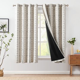 jinchan 95% Blackout Boho Curtains 63 Inch Length for Bedroom Black on Beige Geometric Printed Grommet Top Room Darkening Thermal Insulated Window Drapes 2 Panels