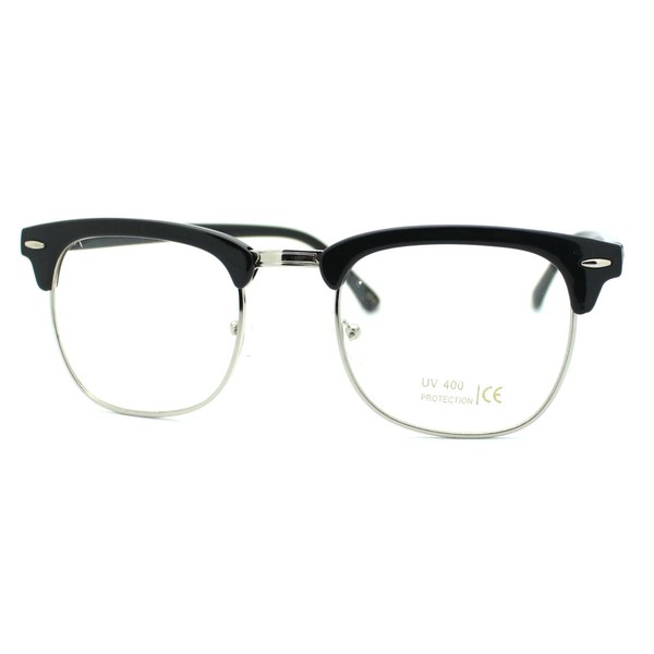 Black Silver Clear Lens Club Master Half Rim Fashion Eye Glasses