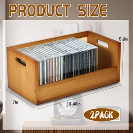 AIHSUMC 2 Set Bamboo CD Storage Box, Stackable CD Holder Racks Organizer Shelf for Movie Cases, DVDs, Cassette Tape Display Stand, Disc Holder with Carrying Handles