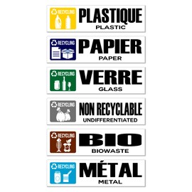GamesMonkey® - Recycling Waste Recycling Stickers - FR - v1 - Washable Raincoats Illustrated - French English - Glossy Vinyl DH (15x4cm, 6 Pieces)