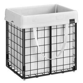 SONGMICS Laundry Hamper, 11 Gal. (50L) Laundry Basket, Collapsible Clothes Hamper, Removable and Washable Liner, Metal Wire Frame, for Bedroom Bathroom, Black and White ULCB150W01
