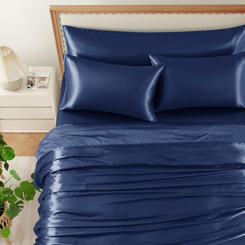 5Pc Silk Bedding Queen Set - Navy Blue Satin Sheets