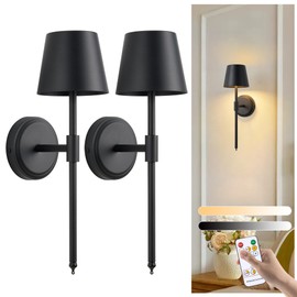 Hillsboro Battery Operated Wall Sconce Set of 2, Cordless 5000mAh Black Rechargeable LED Wall Lights, Remote Control 3 Colors Dimmable Wall lamp for Bedroom Living Room Hallway