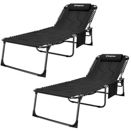 KingCamp Set of 2 Oversize Padded Folding Chaise Lounge Chair for Outdoor, Patio, Beach,Lawn, Sunbathing, Tanning, Pool, Lay Flat Heavy-Duty Adjustable Reclining Chairs with Pillow, Support 330lb