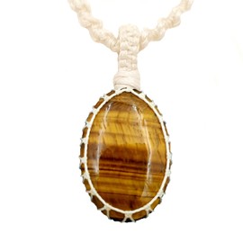 Healing Crystals White Macrame Net Stone Pendant Necklace Hand Made Unisex Surfers Gift By SMOKY QUARTZ (tiger-eye)