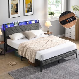 Full Size Bed Frames with Storage Headboard, LED Platform Bed Frame Full Size, Upholstered Bed Frame with Charging Station, No Box Spring Needed, Easy Assembly,Dark Gray