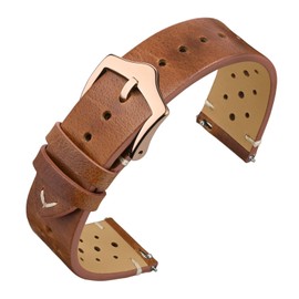 ANNEFIT Vintage Leather Watch Strap 20mm, Quick Release Replacement Band for Men and Women with Rose Gold Buckle (Toffee Brown)