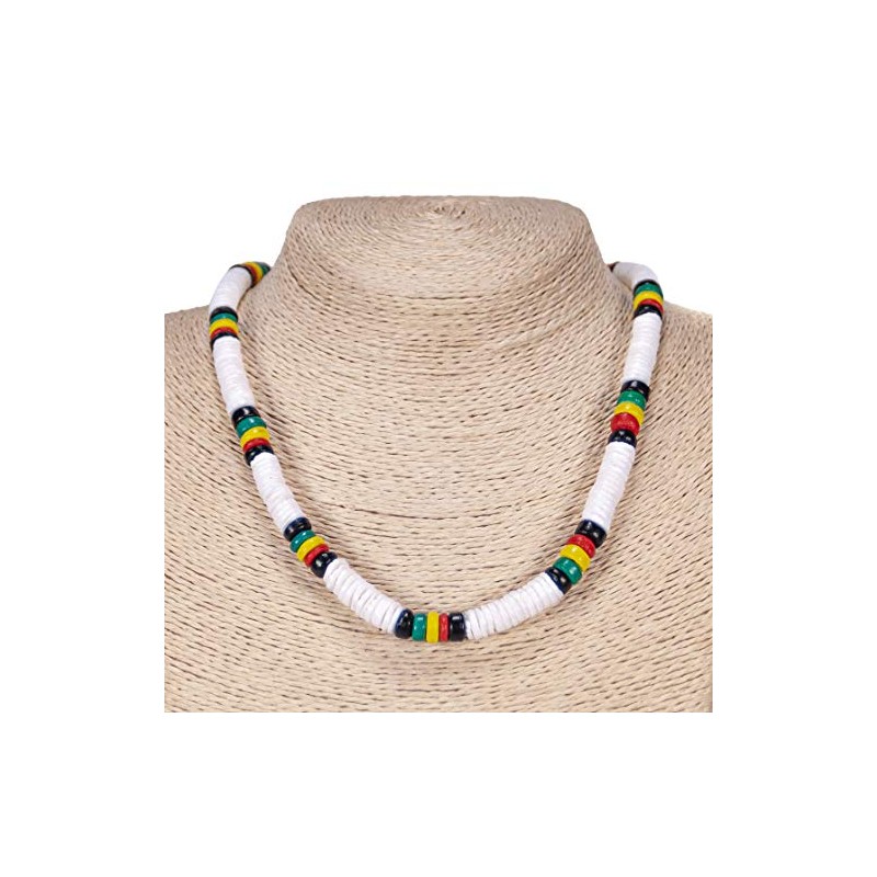BlueRica Puka Shell and Rasta Coconut Shell Beads Necklace (20")