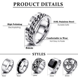 Adramata Men's Stainless Steel Rings Celtic Knot Rings Band Biker Rings Gothic Men's Rings Vintage Viking Rings Signet Rings Silver Gold Rings Set for Men, Stainless Steel