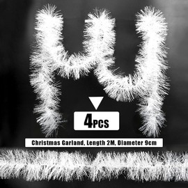 Sprinlot Gerlande Christmas White, Pack of 4 Tinsel Garland, White with White Polka Dots, Christmas Tree Garland, Shiny Christmas Tree Decoration Garlands