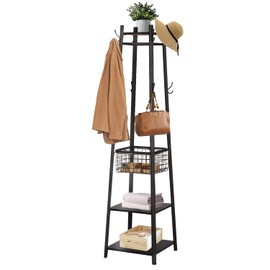 VECELO Coat Rack Freestanding,Hall Tree with Metal Basket and Storage Shelves,Industrial Coat Rack Stand with 8 Hooks for Hanging Coats/Hats/Bags/Umbrellas,18 x 18 x 72 In,Matte Black