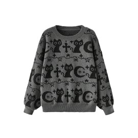SHENHE Women's Oversized Goth Cartoon Pattern Ripped Round Neck Sweater Pullover Top Grey L
