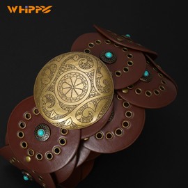 WHIPPY Western Leather Belts for Woman Concho Cowgirl Cowboy Disc Belt for Ladies Wide Boho Country Waist Belts for Dress Brown with Bronze Buckle L