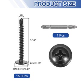 sourcing map 150Pcs #8x1-1/2" Self-Tapping Screws, 410 Stainless Steel Phillips Self Drilling Flat Head Sheet Metal Screws for Industry, Furniture Repair, Black