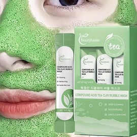 BeautyTourless Green Bubble Facial Mask with Complex Acid Tea - Skincare Clay for Blackheads and Pores Travel Size Mud Cleansing 12 Strip Pack / 복합 산성 차가 함유된 뷰티투레스 그린 버블 페이셜 마스크 - 블랙헤드와 모공을 위한 스킨케어 클레이 여행용 머드 클렌징 12 스트립팩