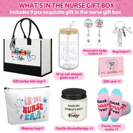 Skylety 9 Pcs Nurse Gift Set for Women Trapezoid Grocery Canvas Tote Bags with Handle Glass Jar Tumbler Scented Candle Badge Reel Socks Novelty Nurse Week Appreciation Gift for Nursing Graduates