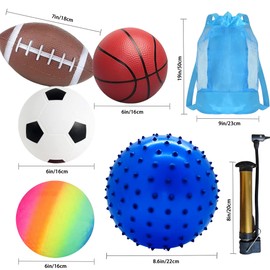 Vndnsy 6 Pieces Sports Balls for Toddlers,Football Rugby Ball Basketball Volleyball Baseball Sensory Ball,With pump,Toddler Sports Toys,Inflatable Balls,for Boys Girls,Outdoor Games Sport Toys