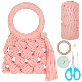 BEUNITONE Macrame Net Bag kit for Adults Beginners DIY Shell Macrame Bag kit with Wood Handles for Women with Video Instruction Pink Macrame Purse DIY Kit Crochet Bags for Holiday Beach Decor