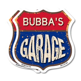 Bubba's Garage (2 Pack) 12 inch X 12 inch Shield-Shaped Rust-Free Aluminum Metal Signs Weather Resistant, UV Protected To last, Gift for Dads and Uncles Classic Americana Crafted in the USA