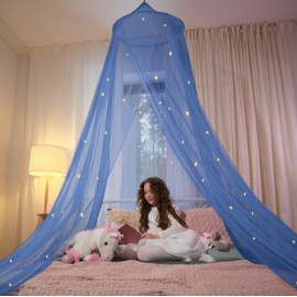 Blue Bed Canopy with Glow in The Dark Stars for Girls, Boys, Kids and Babies, Net Use to Cover The Baby Crib, Kid Bed, Girls Bed Or Full Size Bed, Fire Retardant Fabric