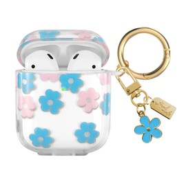 AIIEKZ Compatible with AirPods Case Cover, Soft TPU Case with Cute Flower Pattern for AirPods 2&1 Generation Case with Pendant Keychain and Carabiner for Girls Women (Blue)