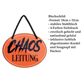 Chaos Leitung Hanging Sign - Funny Door Sign with Funny Saying - Metal Sign with Cord and Suction Cup - Decorative Work Office Company Children's Room Teenager's Room Entrance Hallway - 18 cm x 12 cm
