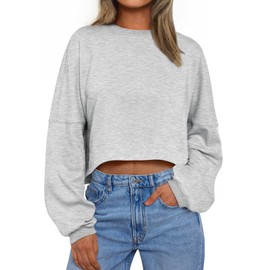 Trendy Queen Cropped Sweatshirts for Women Oversized Crewneck Sweaters Long Sleeve Tops Fall Winter Clothes 2025 Grey S