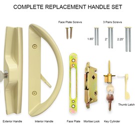 Patio Sliding Door Handle Set with Mortise Lock, Key Cylinder and Face Plate, Full Replacement Handle Lock Set Fits Door Thickness from 1-1/2" to 1-3/4", 3-15/16" Screw Hole Spacing, Beige