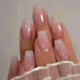 French Tip Nails Long Press on Nails Coffin Fake Nails Pink Nails Glossy Nails for Women 24 PCS/Set